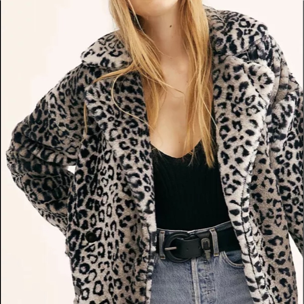 Free People Kate Leopard Coat Faux Fur Black Gray Ivory Silky Lining S NEW WOT